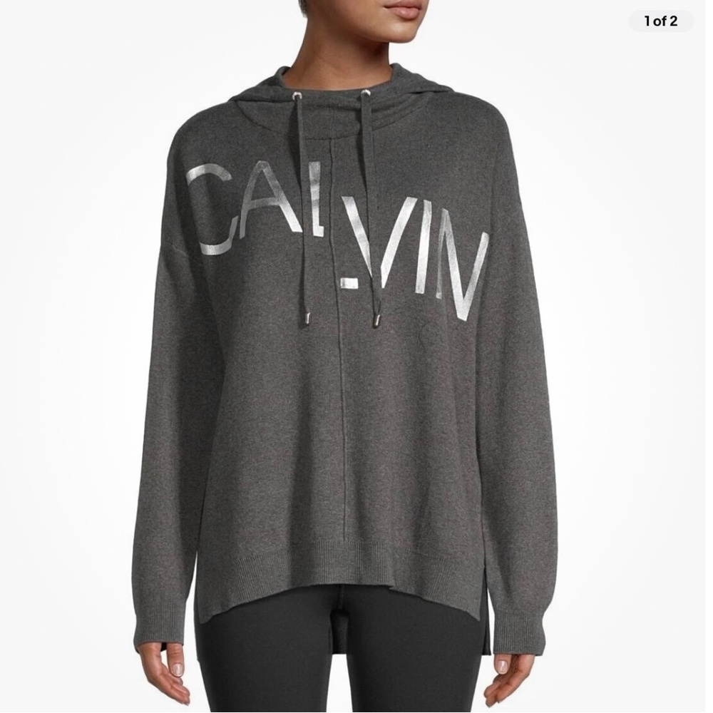 Calvin Klein Hoodie Knit Sweater Metallic Logo Long Sleeves Pullover Stretch